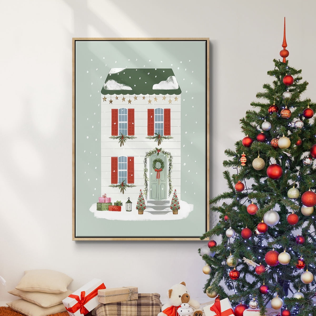 Festive Front Door IV - Framed Gallery Wrapped Holiday Canvas - 27 x 41 - Natural Wood Frame