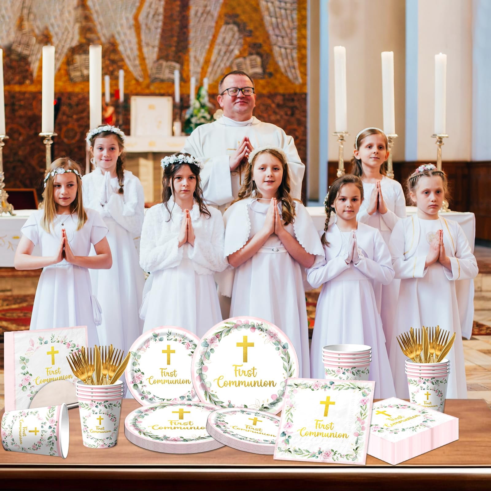 Communion Decorations – Includes 9" & 7" Plates, Napkins, Cups, Cutlery, Serves 25, for First Holy Communion, Baptism, Primera Comunion Party, Available in Pink, Blue, or Green