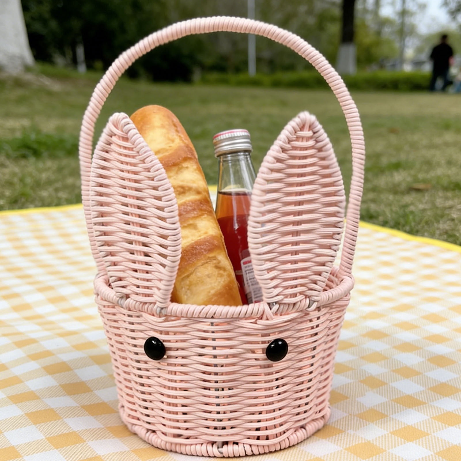 Junepar Handmade Easter Bunny Ear Woven Basket with Handle,Cute Rabbit Wicker Storage Basket, Easter Egg & Candy Holder for Egg Hunts, Picnics, Home Storage & Easter Decor