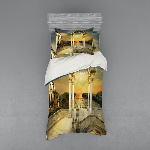 Ambesonne Fantasy Bedding Set 3 Pcs, Surreal Bridge Gateway, Twin XL, White Pale Yellow Green