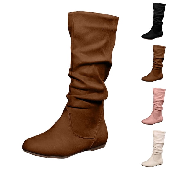 purcolt Womens Knee High Boots Faux Suede Ruched Knee High Boots Pointed Toe Low Heel Slouch Block Long Boots with Zip