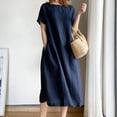 thumbnail image 3 of Dress, Women Solid Color Large Hem Short Sleeve Pockets Loose Midi for Work, 3 of 8