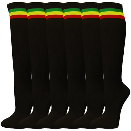 Ladies Colorful Variety Design Assorted Knee High Stocking Socks (Black with Green Red Yellow Stripes(6 Pairs))