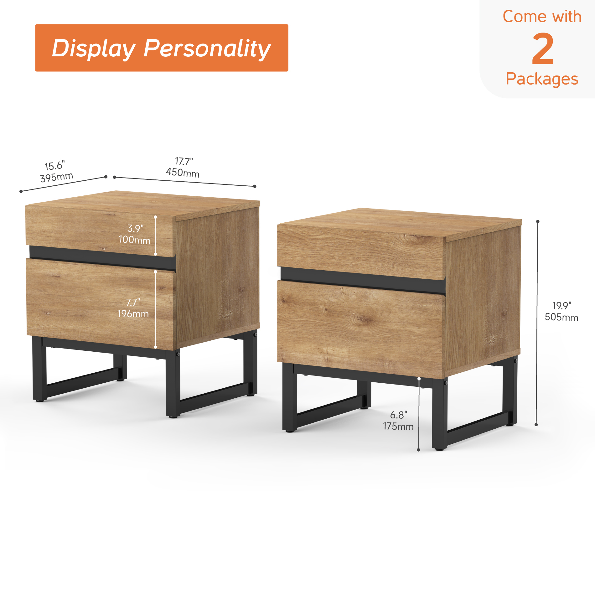3-Piece Bedroom Set, Queen Bed Frame with Rattan Headboard & 2 Nightstand,Oak