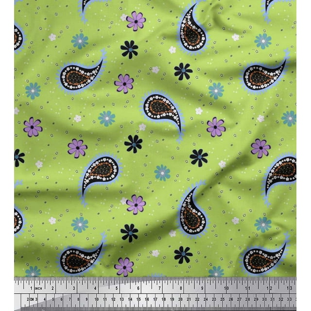 Soimoi Green Poly Georgette Fabric Star,Paisley & Cosmos Floral Print Fabric by Yard 52 Inch Wide