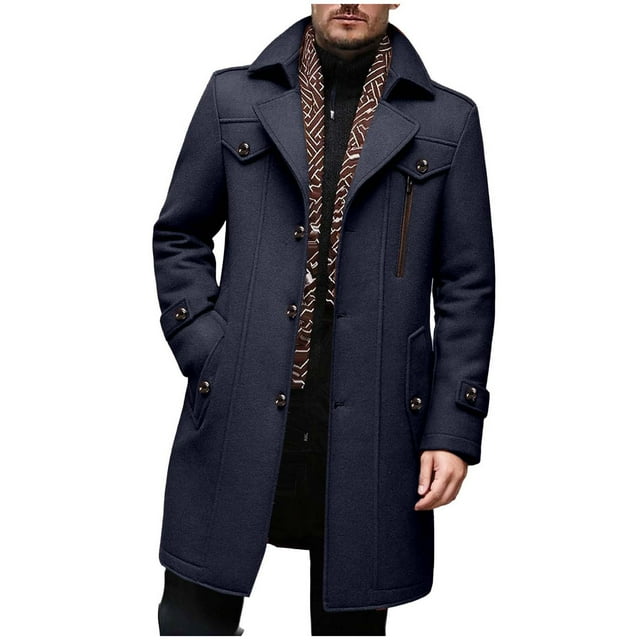 Lovzfmll Men's Wool Trench Coat Detachable Scarf Multiple Pockets Navy, M