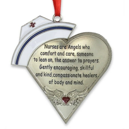 Nurse Heart Shaped Ornament with Message - Engraved Silver Metal with Hand Painted Enamel Caduceus Hat & Heart with Angel Wings - 4