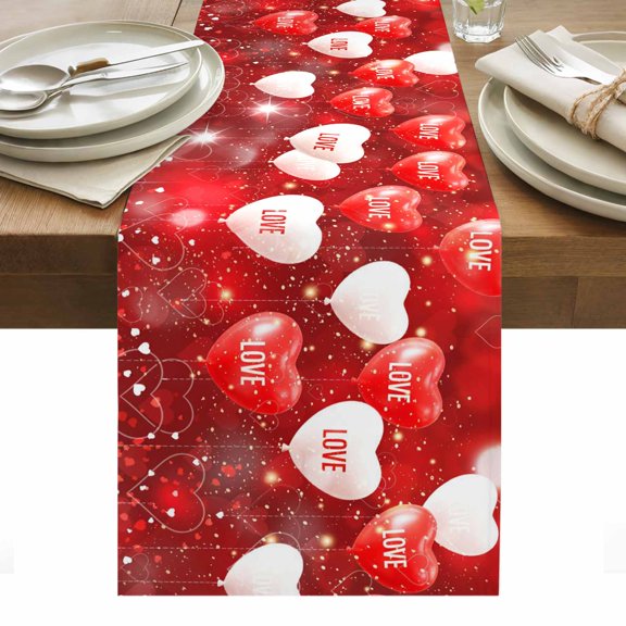 Valentine's Day Table Runner - 90 Inch Long, Kitchen Dining Table Runner Dresser Scarves, Watercolor Fantasy Love Heart Balloons Farmhouse Decor for Coffee Tables Wedding Party Banquet