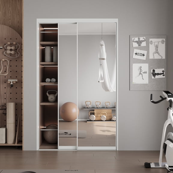 48" x 80" H Aluminum Frame 1 Lite Tempered Mirrored Sliding Closet Doors with Installation Hardware Kit
