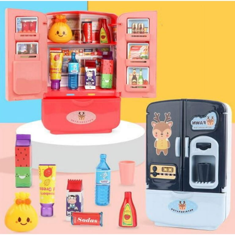 LUOZZY Toy Refrigerator Mini Fridge Toy Set with Drink Dispenser Toy Fridge  Pretend Play Kitchen Appliance for Kids, Play Kitchen Accessories Set with