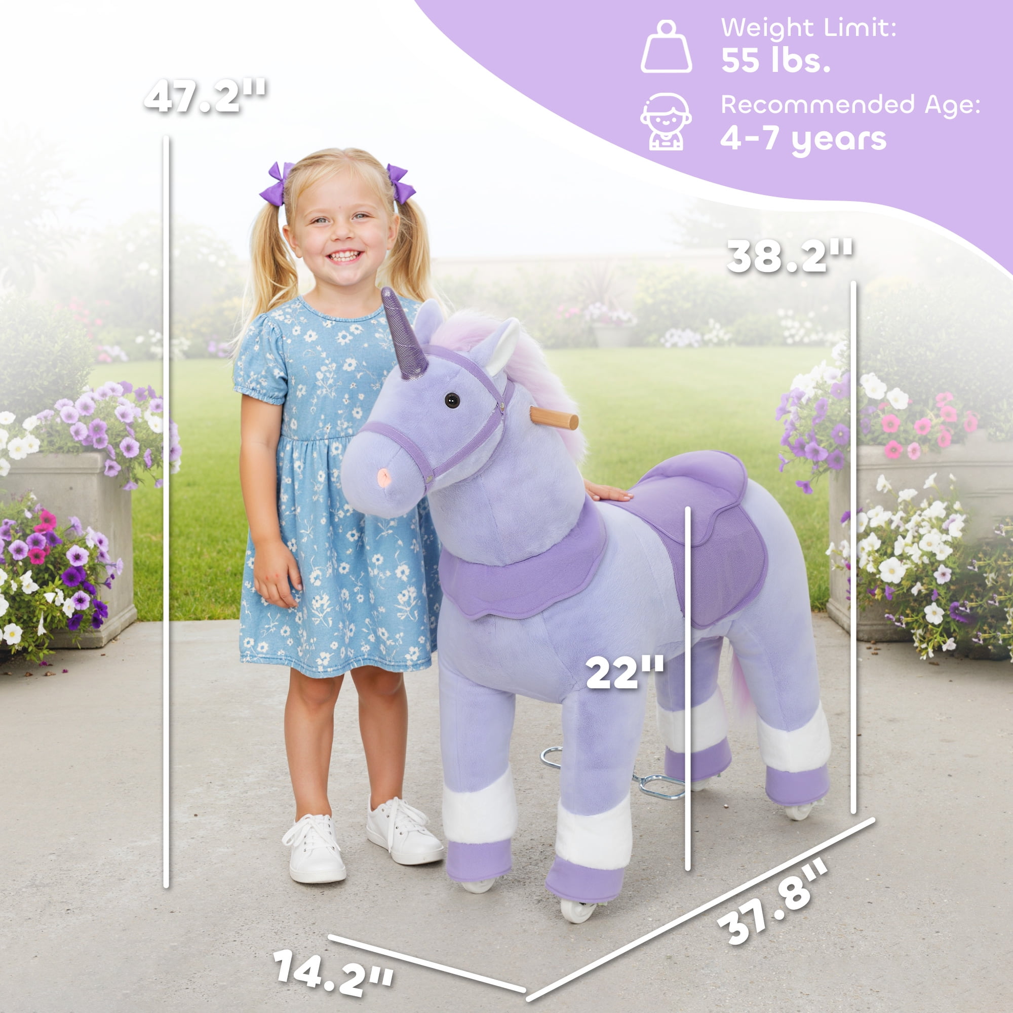 Qaba Ride on Unicorn Toy for Kids 4-7 Years, 37.8 Inch Plush Baby Rocking Horse, Mechanical Walking Animal with Wheels, No Batteries Required, Purple