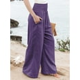 thumbnail image 3 of Women Linen Palazzo Pants Summer Boho Wide Leg High Waist Casual Lounge Beach Travel Vacation Outfits Purple XL, 3 of 8