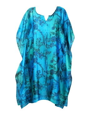 Mogul Women Aqua Blue Caftan Tunic Dress Recycled Silk Sari Printed Resort Wear Beach Cover Up Housedress Holiday Kaftan One Size