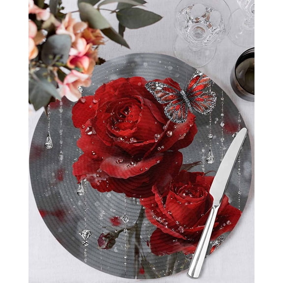 15 Inch Round Placemats Set of 6, Red Roses Non Slip Heat Insulation PP Table Mats, Valentine's Day Crystal Butterflies Floral Washable Place Mats for Kitchen Dining Party Table Decor
