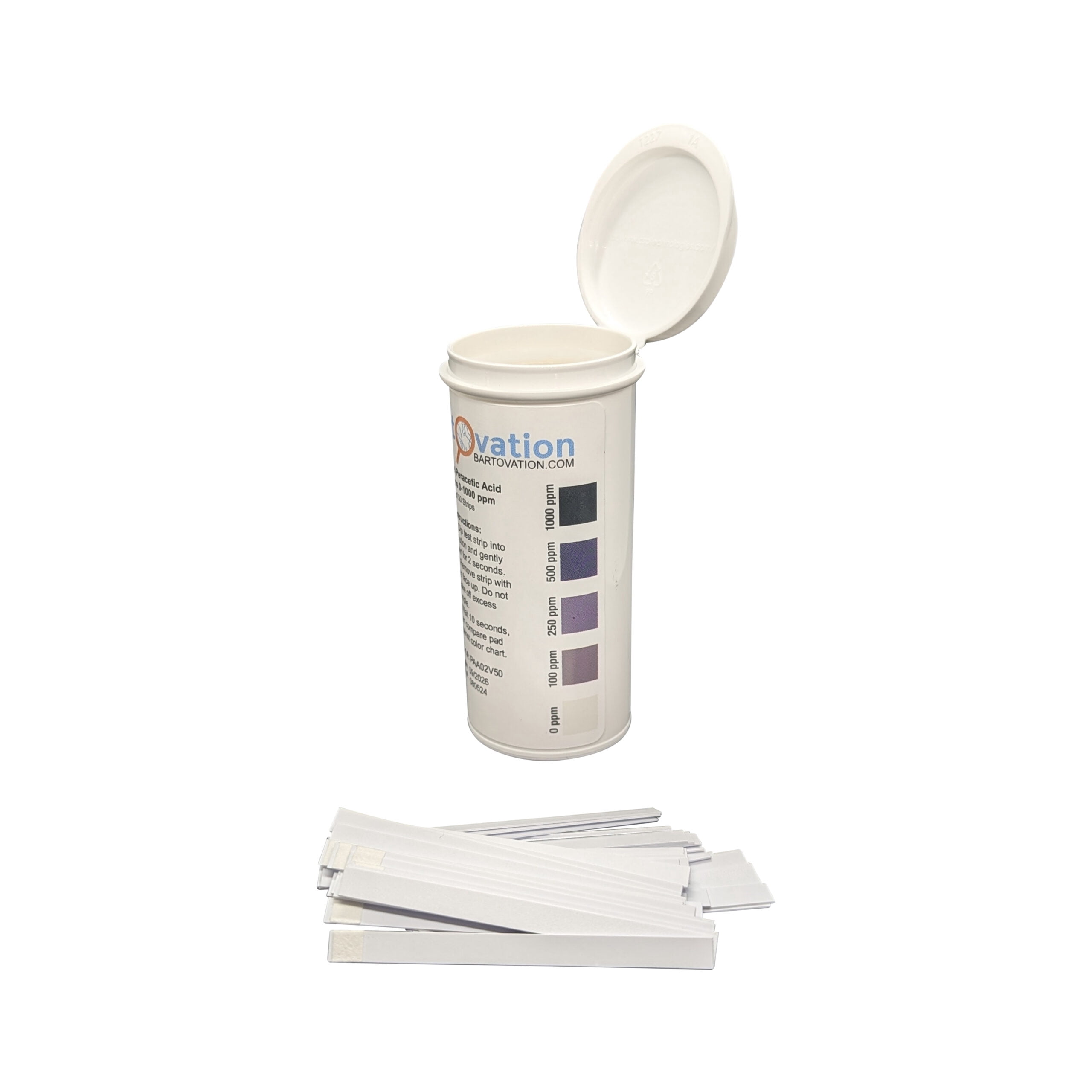 Peracetic Acid Plastic Test Strips, High Level, 0-1000 ppm [Vial of 50 Strips]