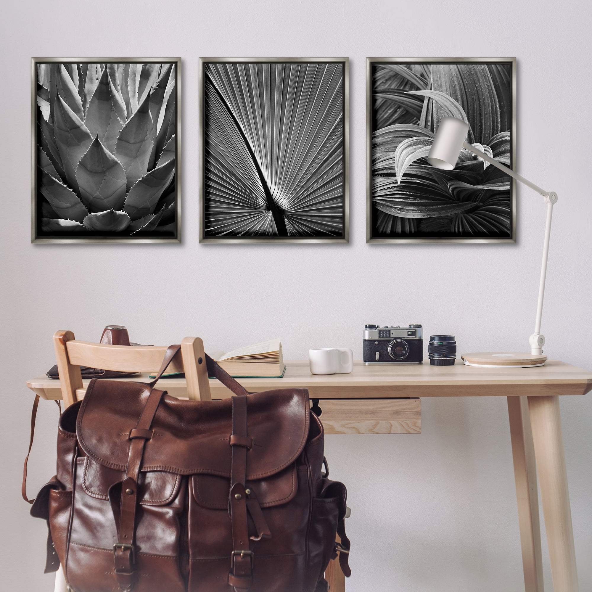 Stupell Industries Palm Frond Details Plants & Flowers Photography Gray Floater Framed Canvas Art Print Wall Art, 25 x 31, Set of 3