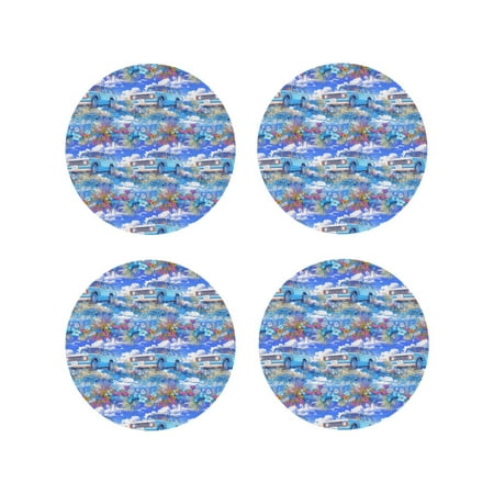 

Coasters Set of 4 - blue travel car flower Drink Coasters for Tabletop Protection Leather Coasters for Living Room Decor and Housewarming Gift Round Shape
