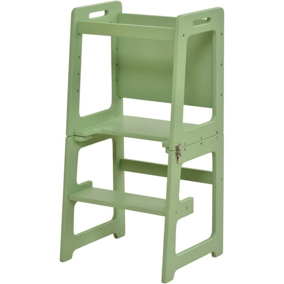 Avenlur 4 in 1 Learning Kitchen Tower Step Stool Helper Montessori Waldorf Style Indoor Counter Stepping Stand and Chalkboard Converts-Folds Into Desk Table, Chair for Toddlers, Children - Green