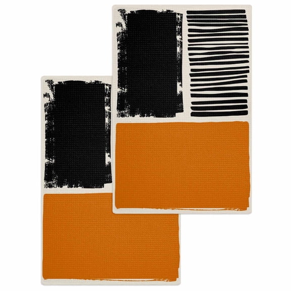 Orange Black Kitchen Dish Towels for Drying Dishes Set of 2, Farmhouse Striped Modern Abstract Art Waffle Weave Microfiber Hand Tea Bathroom Towels Quick Dry & Absorbent Towel 15.7x23.6