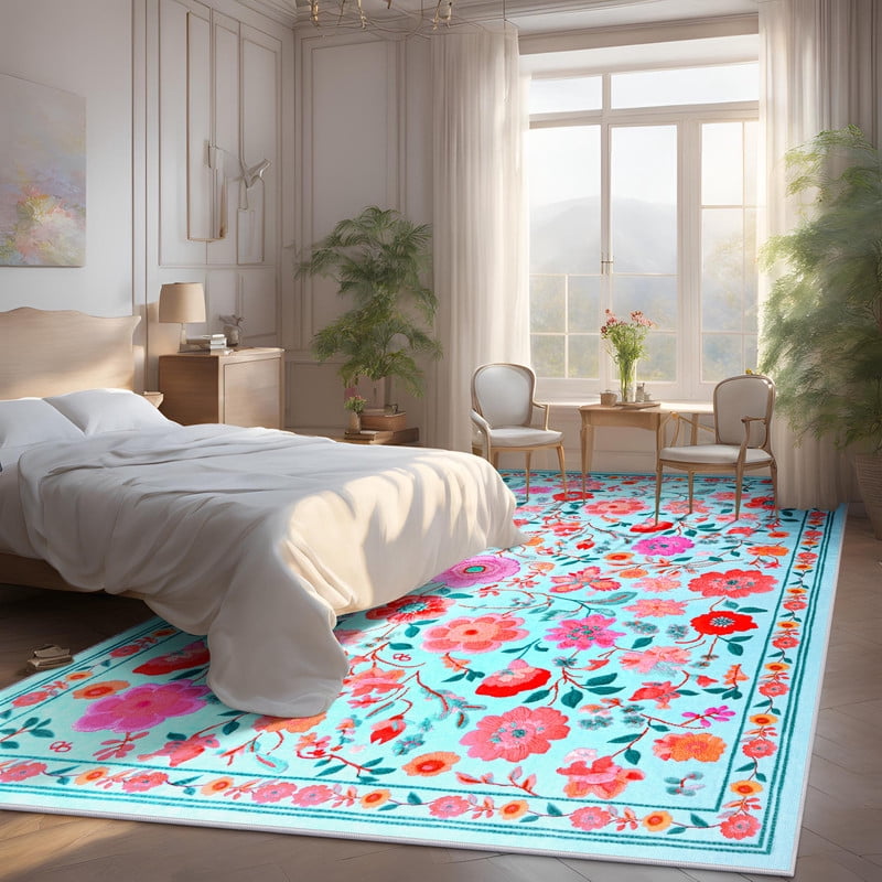 GUUCHA 8'x10'Area Rugs for Living Room Floral Print Rug Floor Carpet for Bedroom,Blue