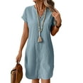 thumbnail image 3 of Women Linen Dress Spring Summer Casual Cap Sleeve V Neck Midi Button Down Shirt Dresses Lake Blue XL, 3 of 7