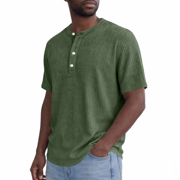 Henley Shirts for Men Short Sleeve Waffle-Knit Casual 3 Button T-Shirt Regular-Fit Green 3XL