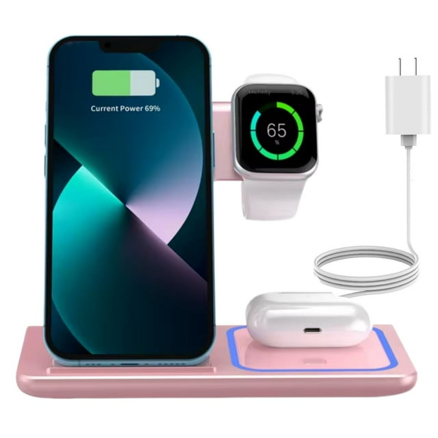 MAKATA 4-in-1 Wireless Charger (Pink) Foldable Fast-Charging Station Compatible with Apple Samsun, Huawei Phones Smart watches and Airpods for Office Home and Travel (Wall Plug Included)