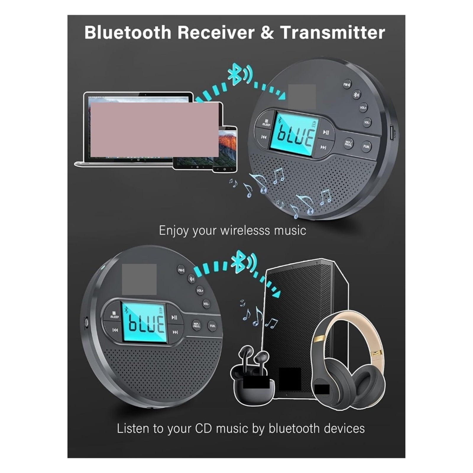 2000mAh Rechargeable CD Player with Bluetooth, FM, Headphones, LCD, AUX, Speaker
