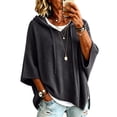 thumbnail image 2 of HaCpiu Women's Solid Hooded Knit Top, Casual Loose 3/4 Sleeve Poncho Sweater, Lightweight Flowy Pullover Sweatshirt with Drawstring, Gray L, 2 of 6