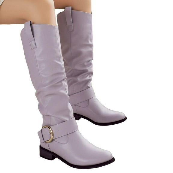 Womens Knee High Riding Boots Wide Calf Slouchy PU Leather Buckle Strap Pull on Pointed Toe Low Heel FAll Winter Tall Booties