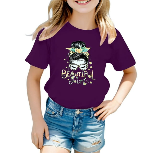 2025 Hauts pour Filles, T-Shirts et Chemises Enfant Mignon Graphique 2T T-Shirt Lot Imprimé Col Rond T-Shirt Manches Courtes Tee Été Décontracté Hauts T
