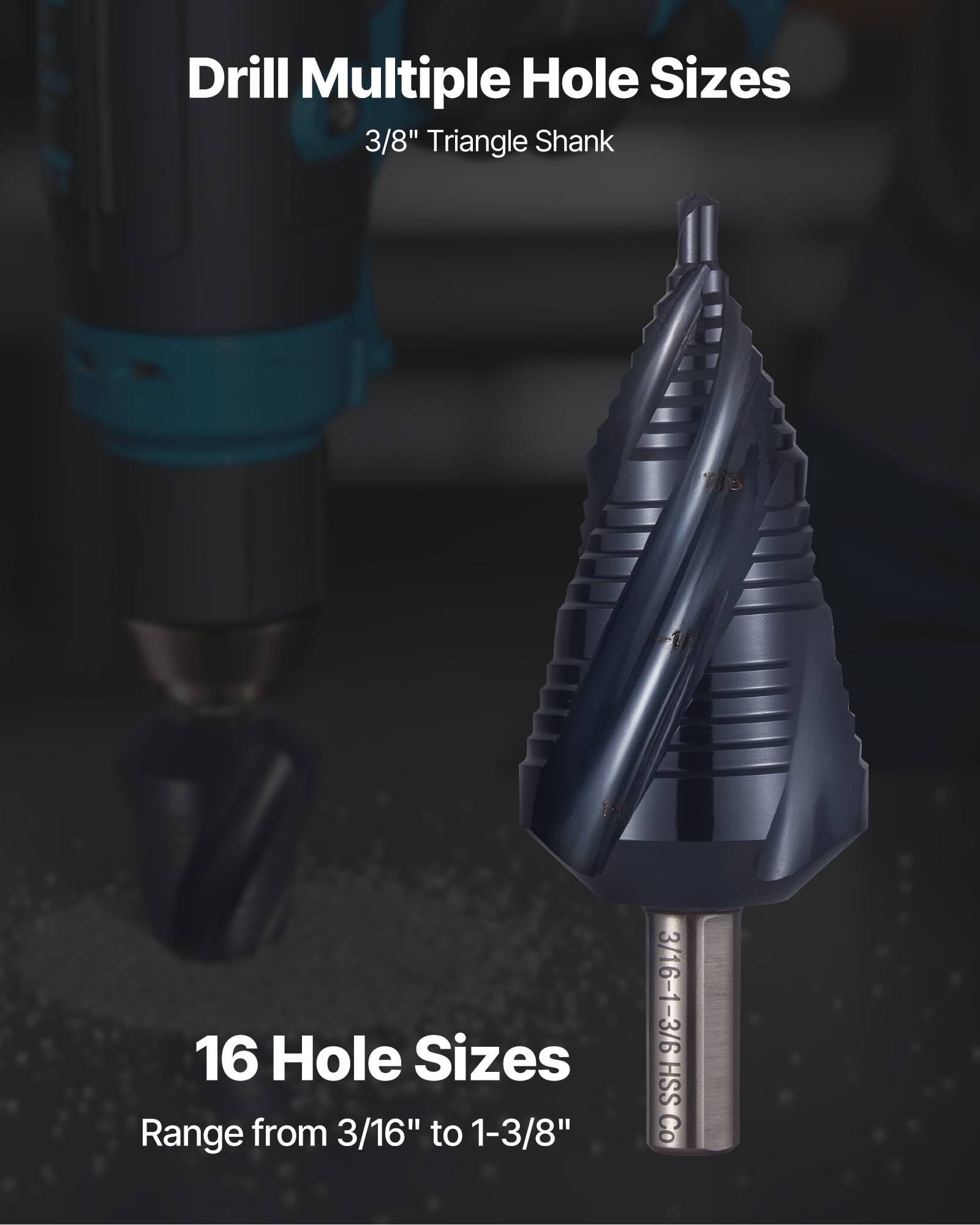 VEVOR Step Drill Bit, 3/16 to 1-3/8 inch, 3/8 inch Triangular Shank, TiAlN Coating Cobalt High Speed Steel, Four Spiral Flute Step Bit for Metal, Stainless Steel, Aluminum, Wood, Plastic, Fiberglass