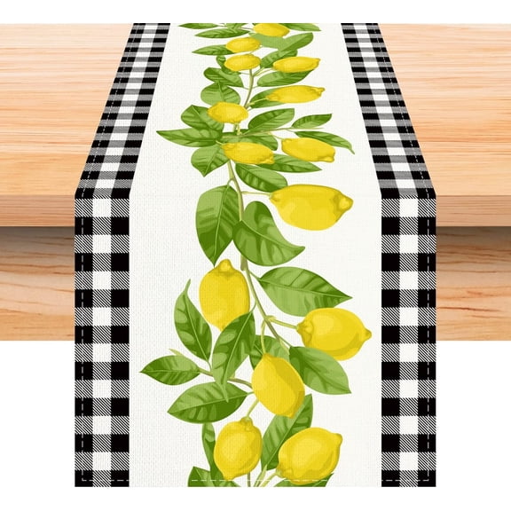 Linen White and Black Buffalo Plaid Check Lemon Table Runner 72 Inches Long Farmhouse Style Spring Summer Home Kitchen Dinding Room Table Decoration