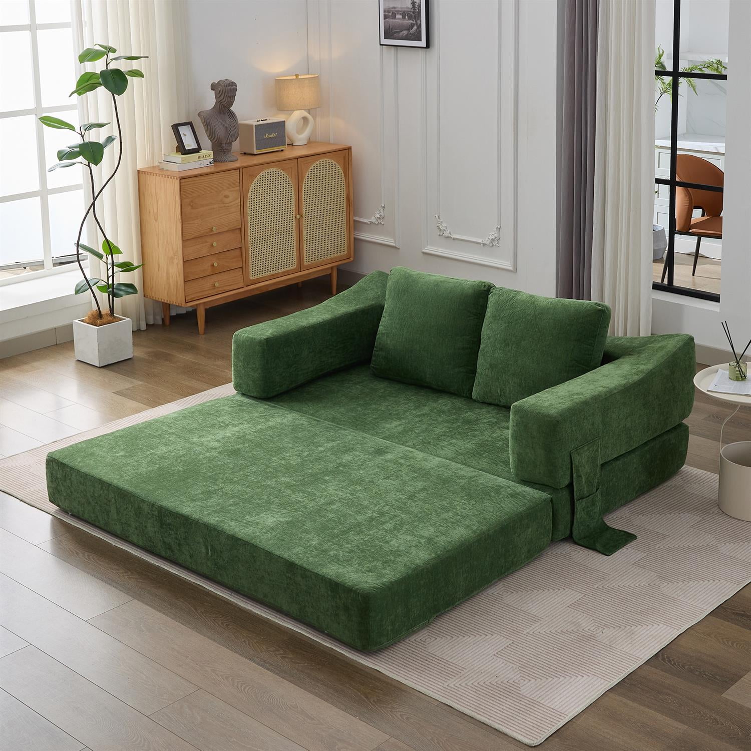 Demi Bonn 70" Modern Minimalist Convertible Sofa Bed, Fold-Out Sofa Chair, Versatile Floor Couch & Mattress for Living Room, Bedroom, Apartment, Removable Backrest, Green