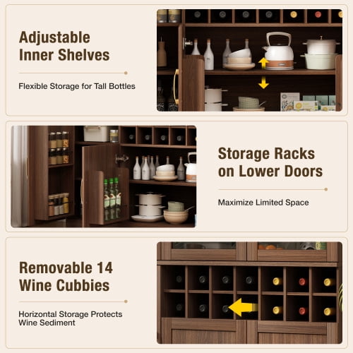 70.87" Tall Wine Bar Cabinet with Glass Doors, Modern Liquor Cabinet with Removable 14-Bottle Wine Rack & Built-in Door Shelves, High-Capacity Home Bar Storage Cabinet, Walnut