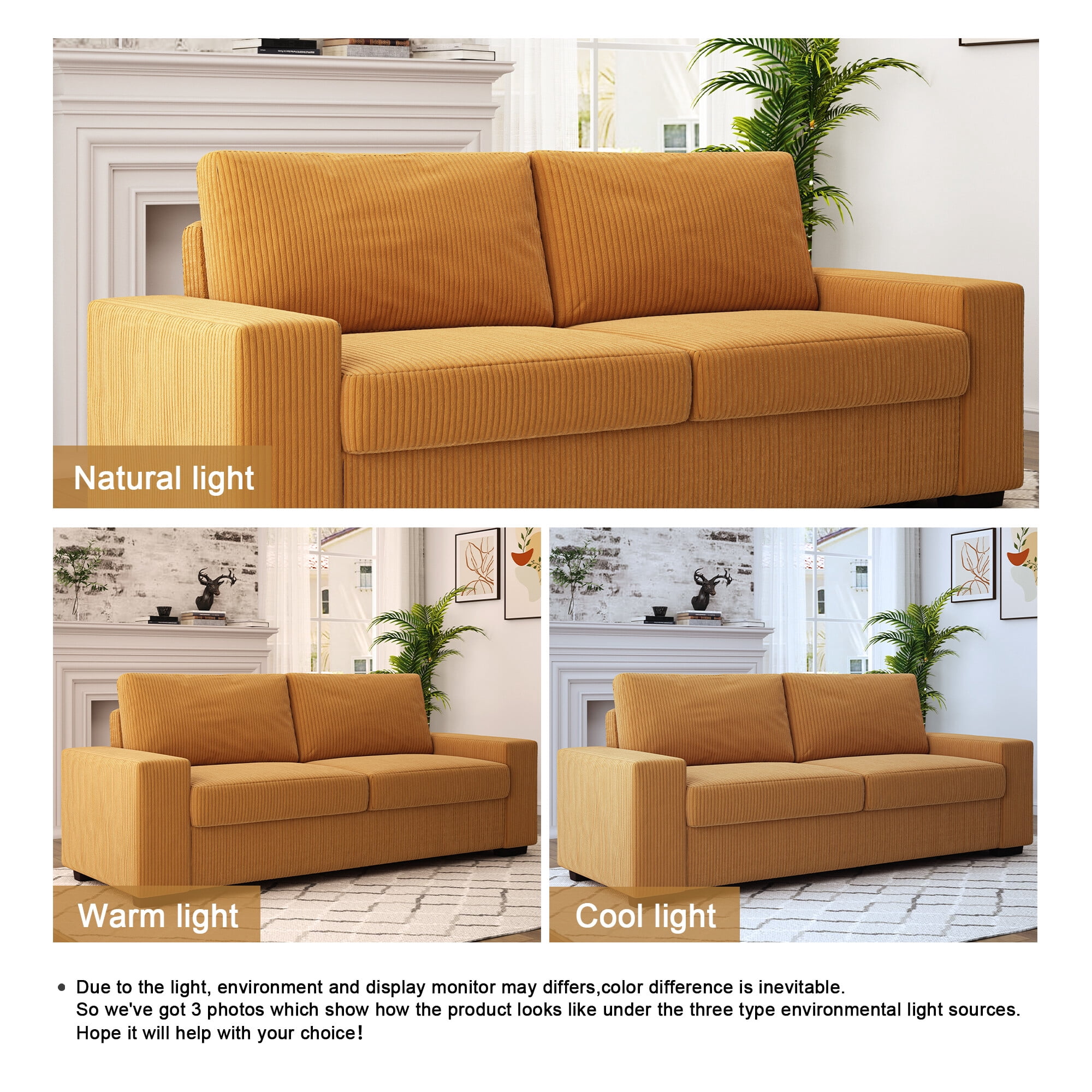 UIXE 80 Inch Loveseat Sofa Couch, Modern Comfy Upholstered 3-Seater Couches for Living Room, Wide Track Armrest Sofa Luxury Solid Wood Indoor Furniture, Corduroy Yellow