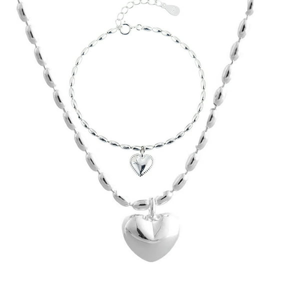 3D Heart Necklace and Rice Grain Chain Set with Matching Bracelet 2pcs
