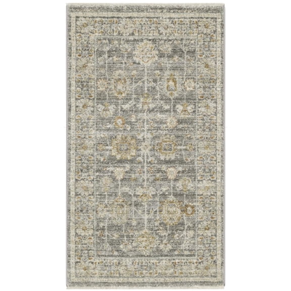 HomeRoots 533468 3 x 5 ft. Oriental Power Loom Distressed Area Rug with Fringe Beige Ivory & Gray