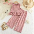 thumbnail image 2 of TOWED22 Toddler Baby Girl Outfits 2 Piece Sleeveless Embroidered Bow Camisole Wide Leg Linen Pants Clothes(Red,4-5 Y), 2 of 9