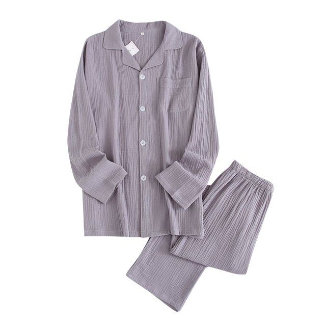 Mens Solid Color Sets Button Wear Lounge Wear Home Sleep Set Tops+Pants in grey. This men's lounge set features a textured polyester fabric, including a long-sleeve button-up top with a chest pocket and matching elastic-waist pants. Ideal for casual, daily, or sleepwear use during autumn and winter seasons, offering comfort and style.