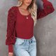 thumbnail image 3 of Blusas tipo jersey con cuello rectangular para mujer, blusas informales con manga larga acampanada, camisas de punto acanaladas para ir de compras, fiesta, rojo vino M, 3 of 6