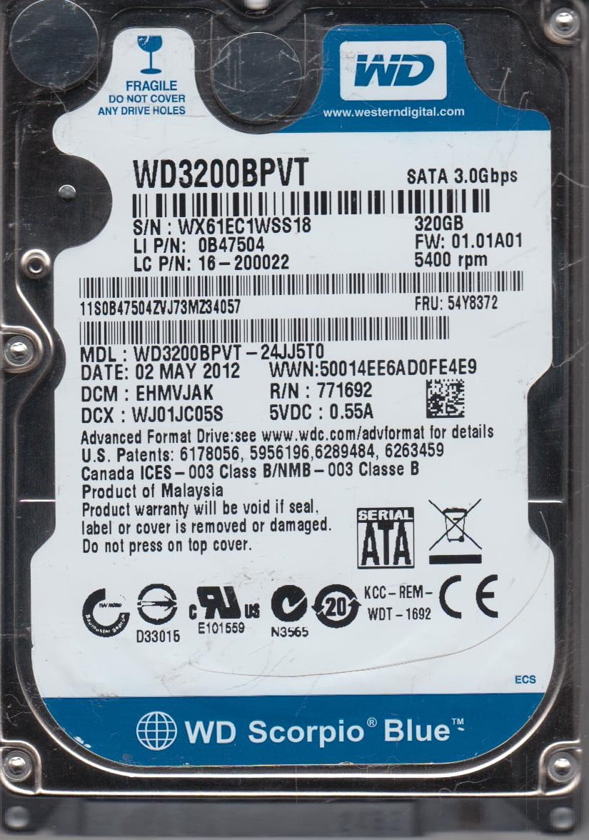 WD3200BPVT-24JJ5T0, DCM EHMVJAK, Western Digital 320GB SATA 2.5 Hard Drive