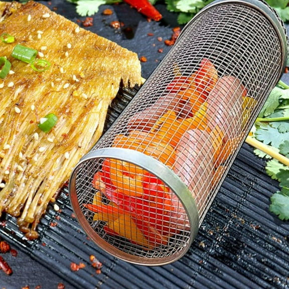 30cm Barbecue Rolling Grill Basket BBQ Net Tube Grill Basket BBQ Campfire Grid Family Travel Camping Picnic Cookware