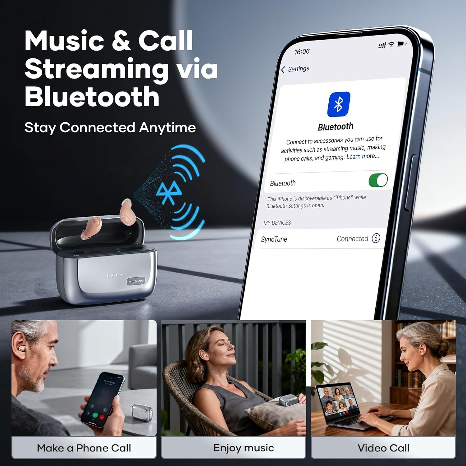 Vivtone SyncTune Rechargeable OTC Hearing Aids for Seniors, Bluetooth Enables Phone Call & Music Streaming, 300H Backup Power