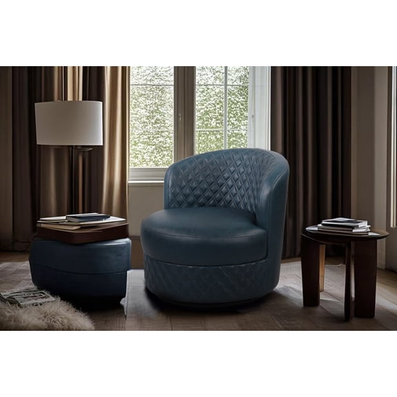 Zanvera Genuine Leather Swivel Accent Chair – Quilted Barrel Lounge Chair with 360° Rotation