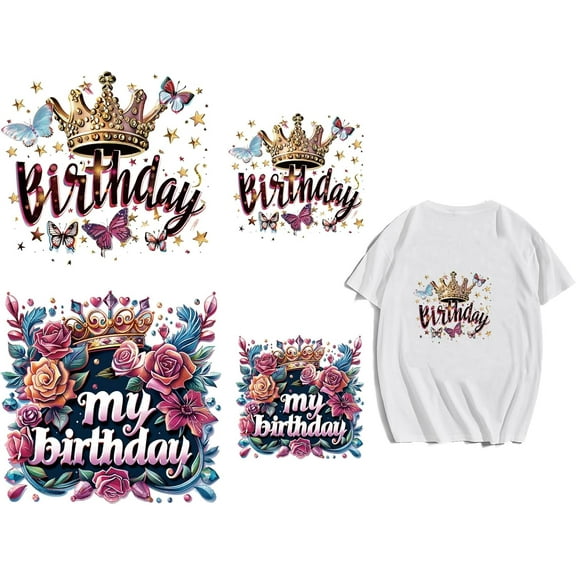 4 Sheets My Birthday Iron on Decals Patches Flower Butterfly Iron on Stickers PET Washable Heat Transfer Sticker for DIY T Shirt Jacket Birthday Decor 5.9inch 8.6inch(15cm 22cm) long colorful