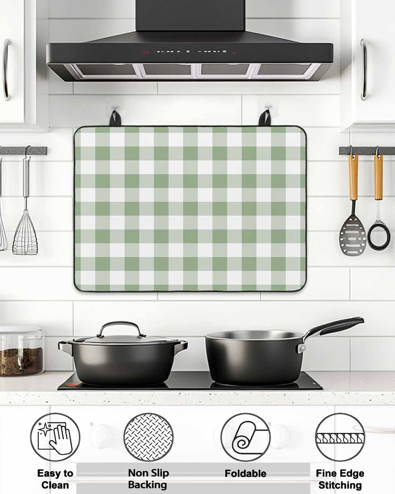 Stove Top Covers for Electric Stove, Sage Green Checkered Glass Stovetop Cover Protector, Farmhouse Buffalo Plaid Induction Cooktop Protector Oven Mat for Kitchen Countertop 24"x21"