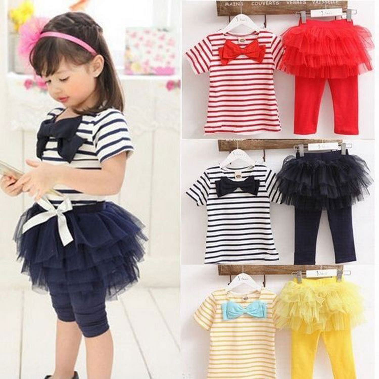Baby Toddler Girl 2pc Outfit Stripe Short Sleeve Top with Tulle Tutu Legging, Navy, Size 120