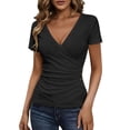 thumbnail image 7 of yillto Womens Summer Blouse Wrap V Neck Short Sleeve Tops Fashion Ruched Tunic Shirts Spring Business Tee, 7 of 7