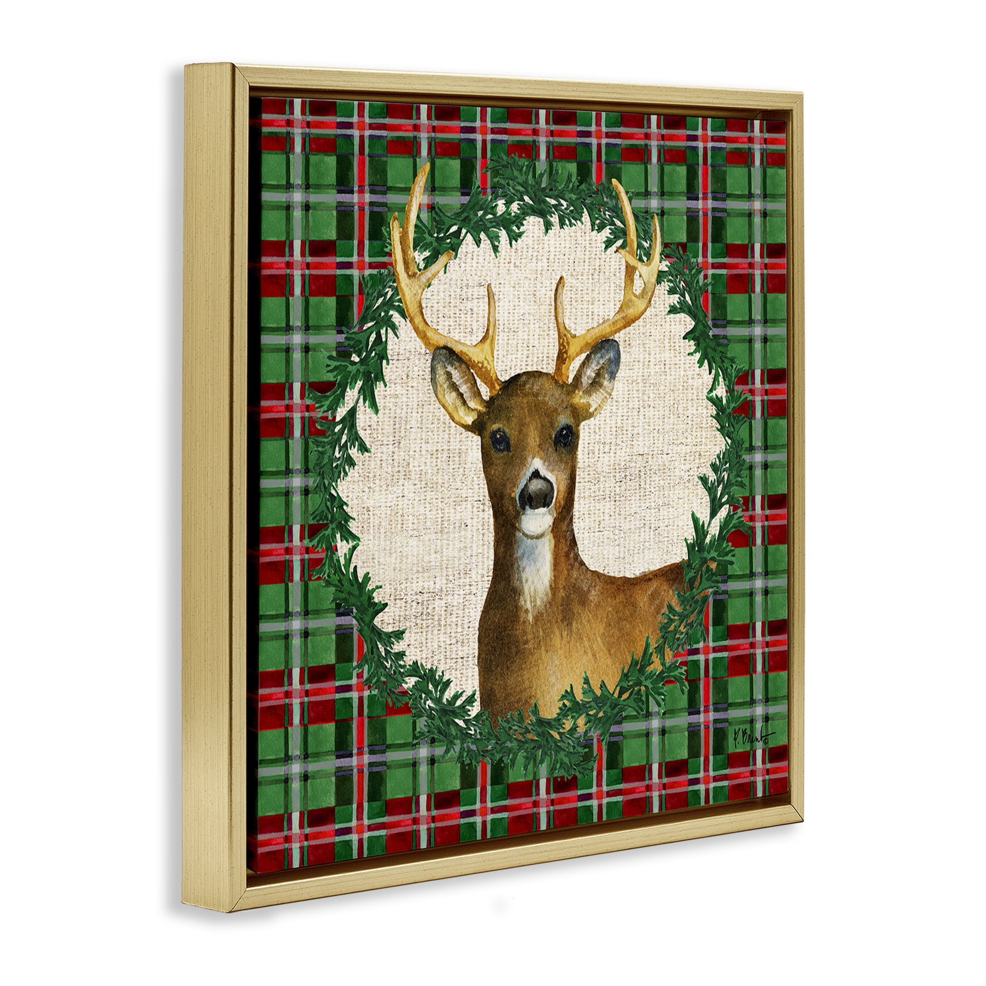 Stupell Industries Plaid Holiday Deer Holiday Painting Gold Floater Framed Canvas Art Print Wall Art, 18 x 18